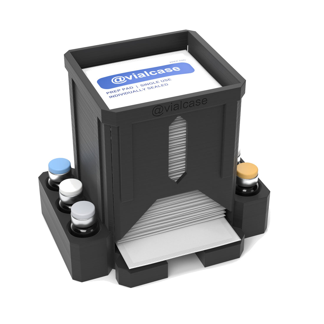 Staged: VialCase Prep Pad Dispenser 50 Pads + 6 × 3mL in Black - prep pads and vials shown are not included