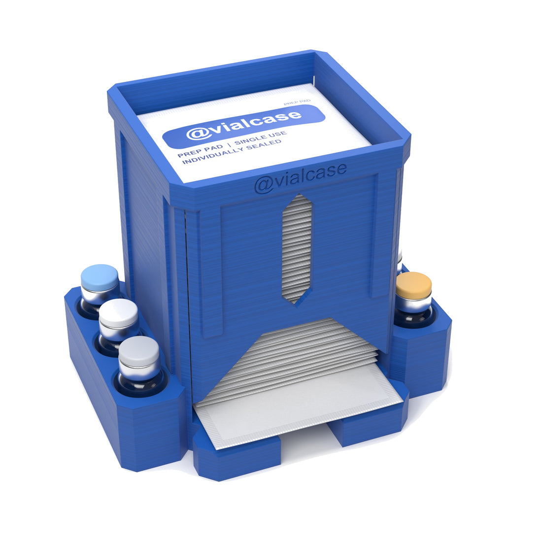 Staged: VialCase Prep Pad Dispenser 50 Pads + 6 × 3mL in Cobalt Blue - prep pads and vials shown are not included