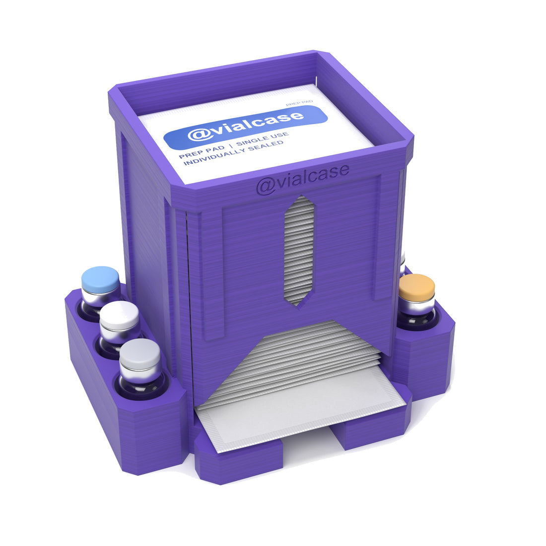 Staged: VialCase Prep Pad Dispenser 50 Pads + 6 × 3mL in Purple - prep pads and vials shown are not included
