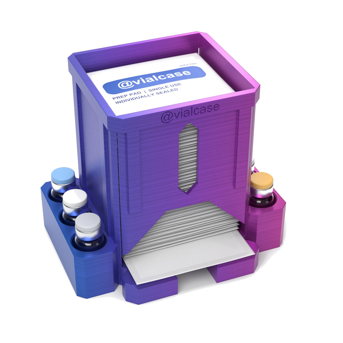Staged: VialCase Prep Pad Dispenser 50 Pads + 6 × 3mL in RGB Metallic - prep pads and vials shown are not included
