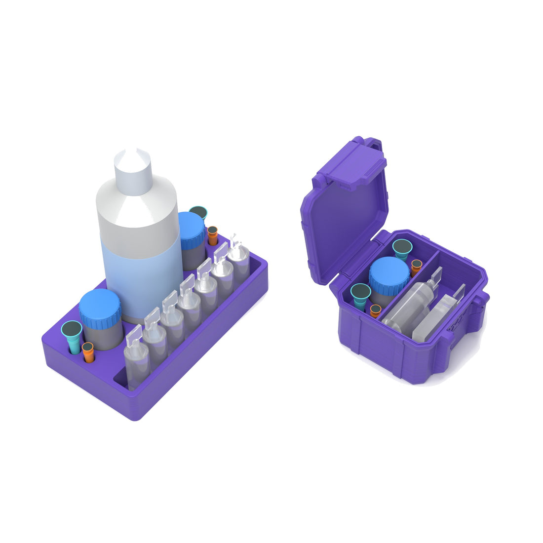 Staged: Scleral Home + Travel Set - Station + Travel Case in Purple - lens cup, plungers, saline vials and bottles shown are not included