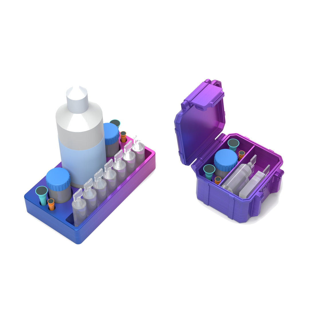 Staged: Scleral Home + Travel Set - Station + Travel Case in RGB Metallic - lens cup, plungers, saline vials and bottles shown are not included