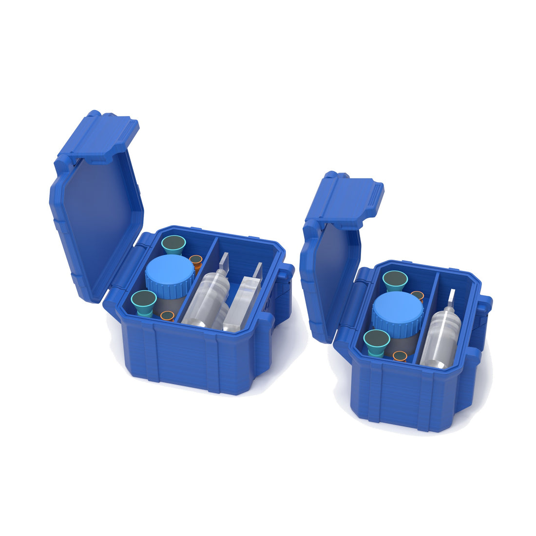Staged: Scleral Travel Set - Travel Case + Tool Organizer in Cobalt Blue - lens cup, plungers, saline vials and bottles shown are not included