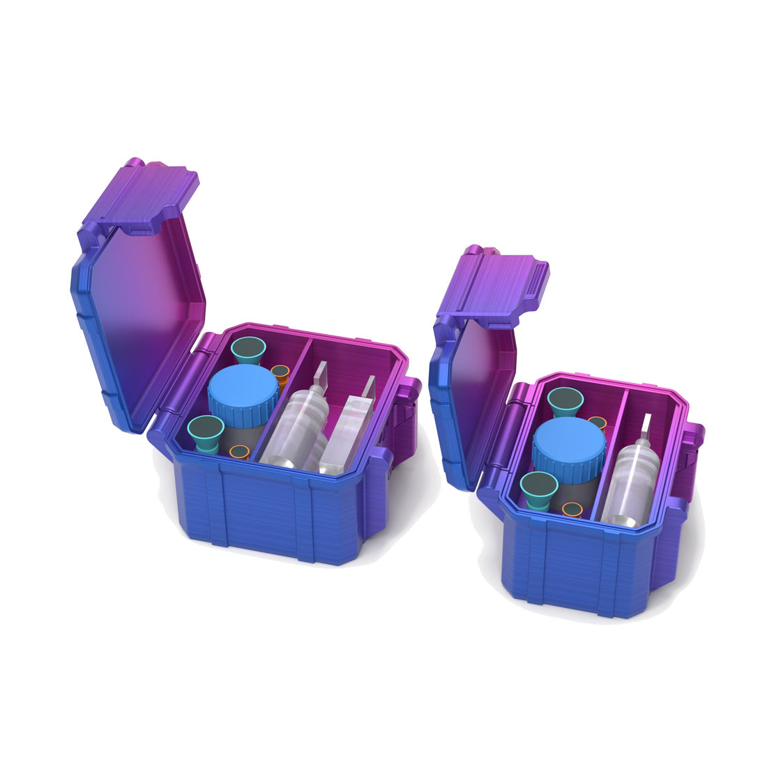 Staged: Scleral Travel Set - Travel Case + Tool Organizer in RGB Metallic - lens cup, plungers, saline vials and bottles shown are not included