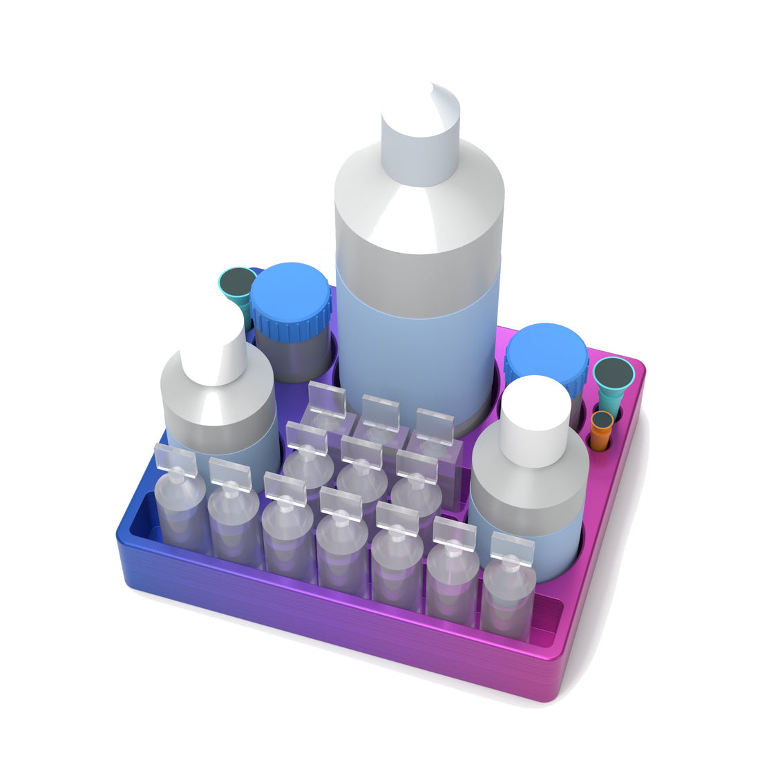 Staged: Scleral Lens Station - XL in RGB Metallic - lens cup, plungers, saline vials and bottles shown are not included