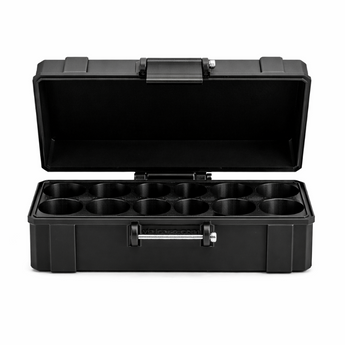 Open Black hard-shell vial case showing organized interior slots.
