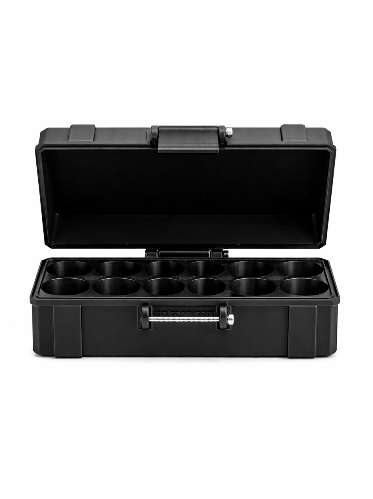 Open Black hard-shell vial case showing organized interior slots.
