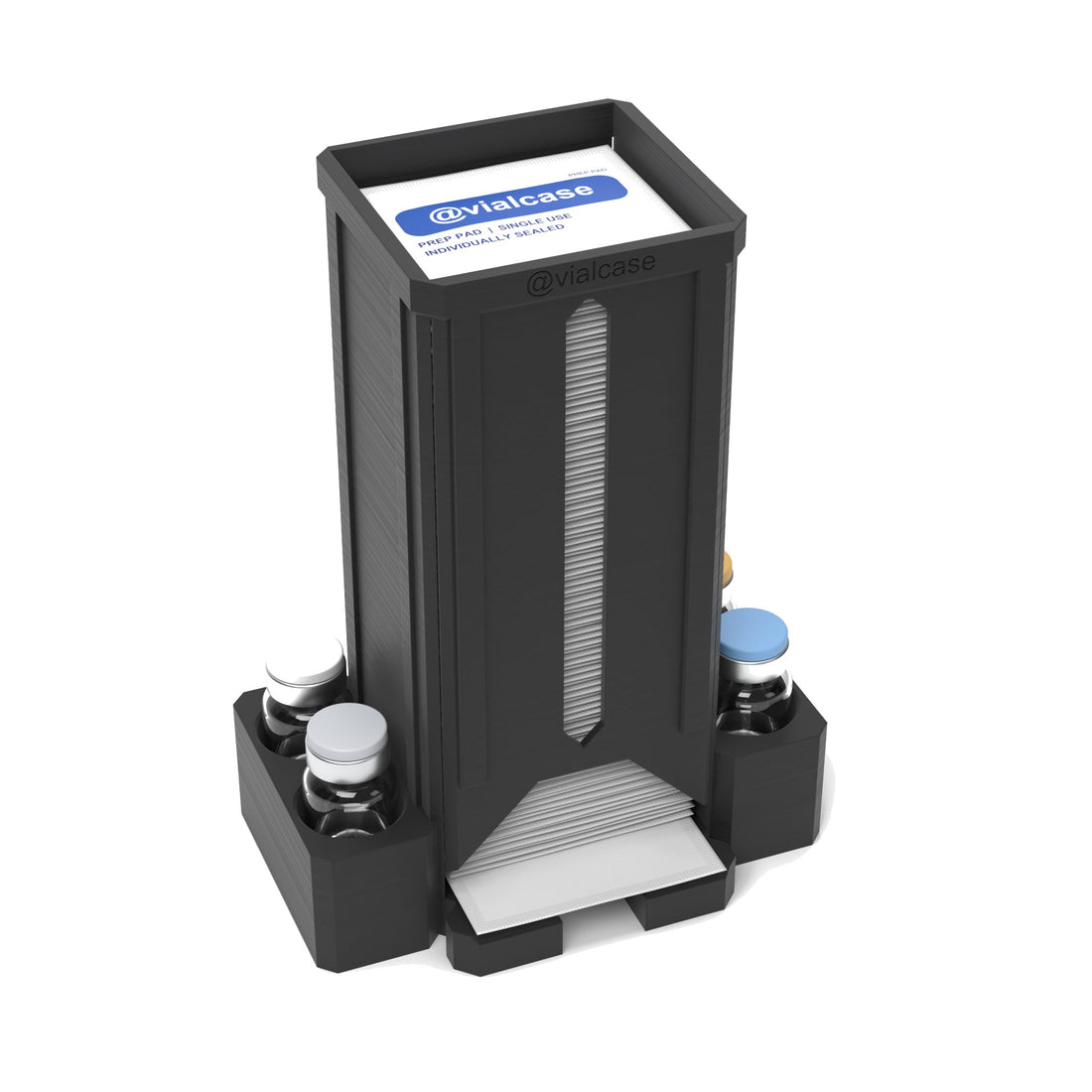 Staged: VialCase Prep Pad Dispenser 100 Pads + 4 × 10mL in Black - prep pads and vials shown are not included