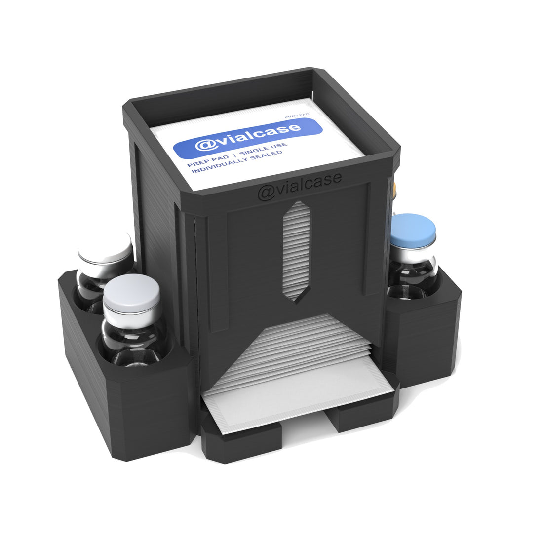 Staged: VialCase Prep Pad Dispenser 50 Pads + 4 × 10mL in Black - prep pads and vials shown are not included