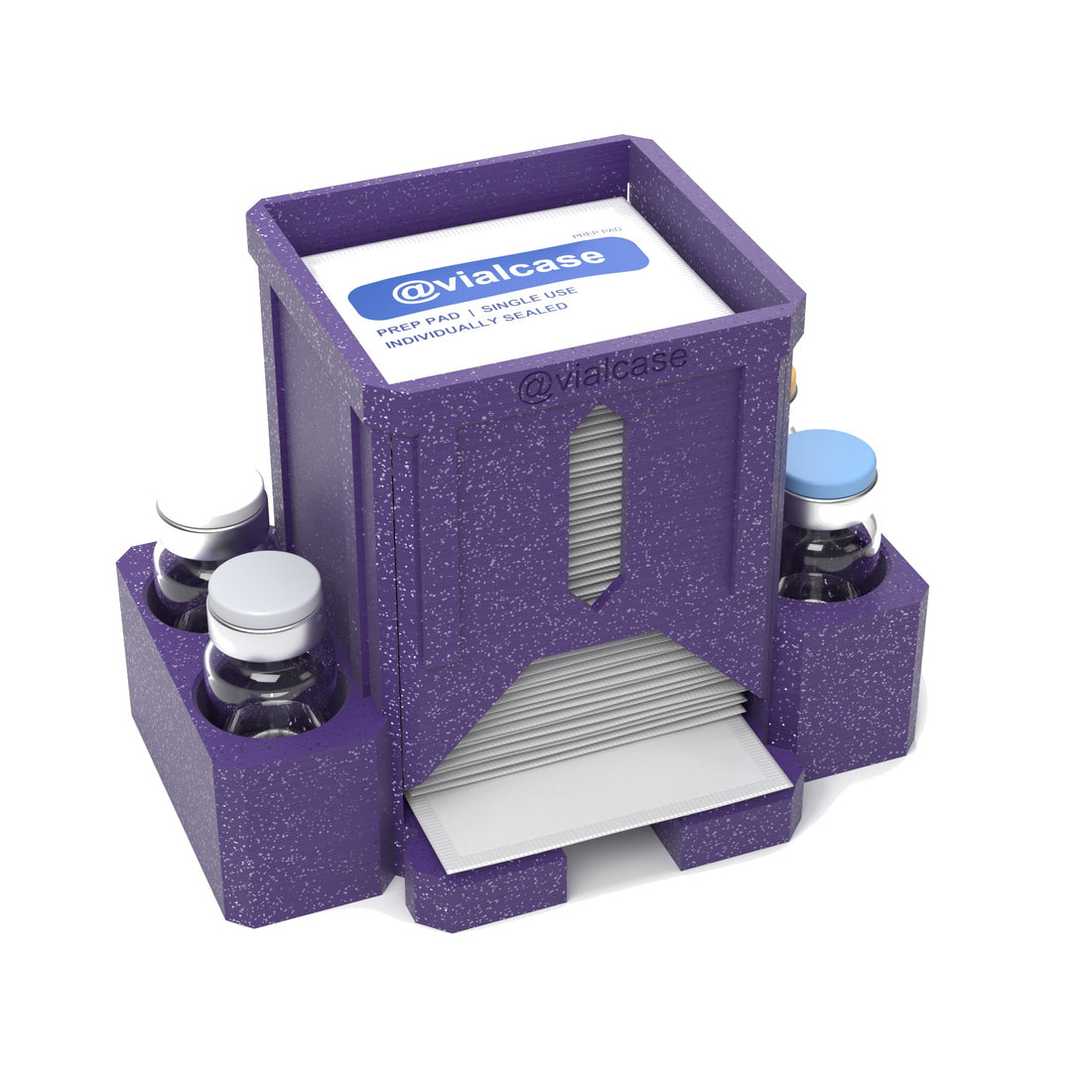 Staged: VialCase Prep Pad Dispenser 50 Pads + 4 × 10mL in Galaxy Purple - prep pads and vials shown are not included