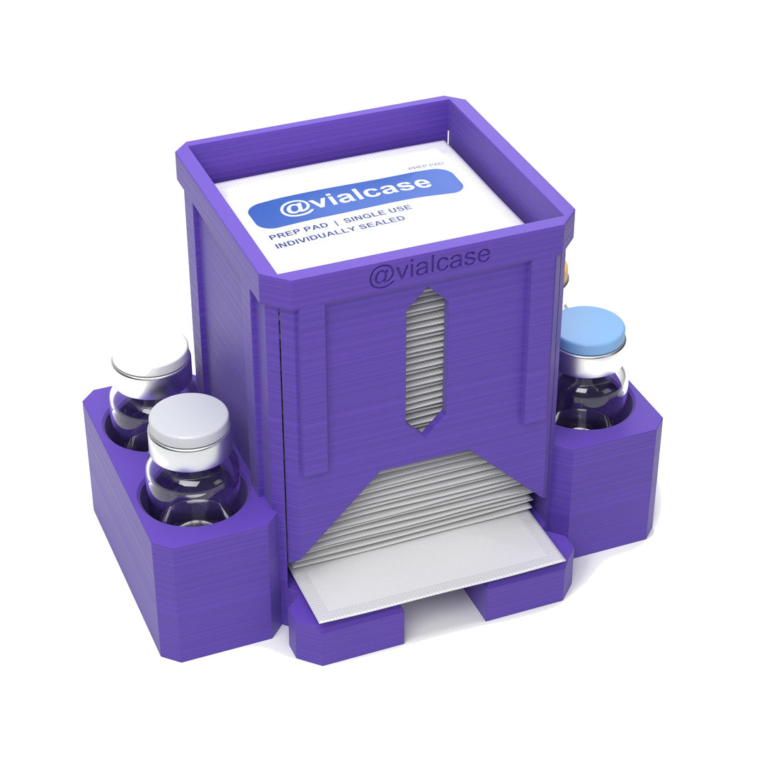 Staged: VialCase Prep Pad Dispenser 50 Pads + 4 × 10mL in Purple - prep pads and vials shown are not included