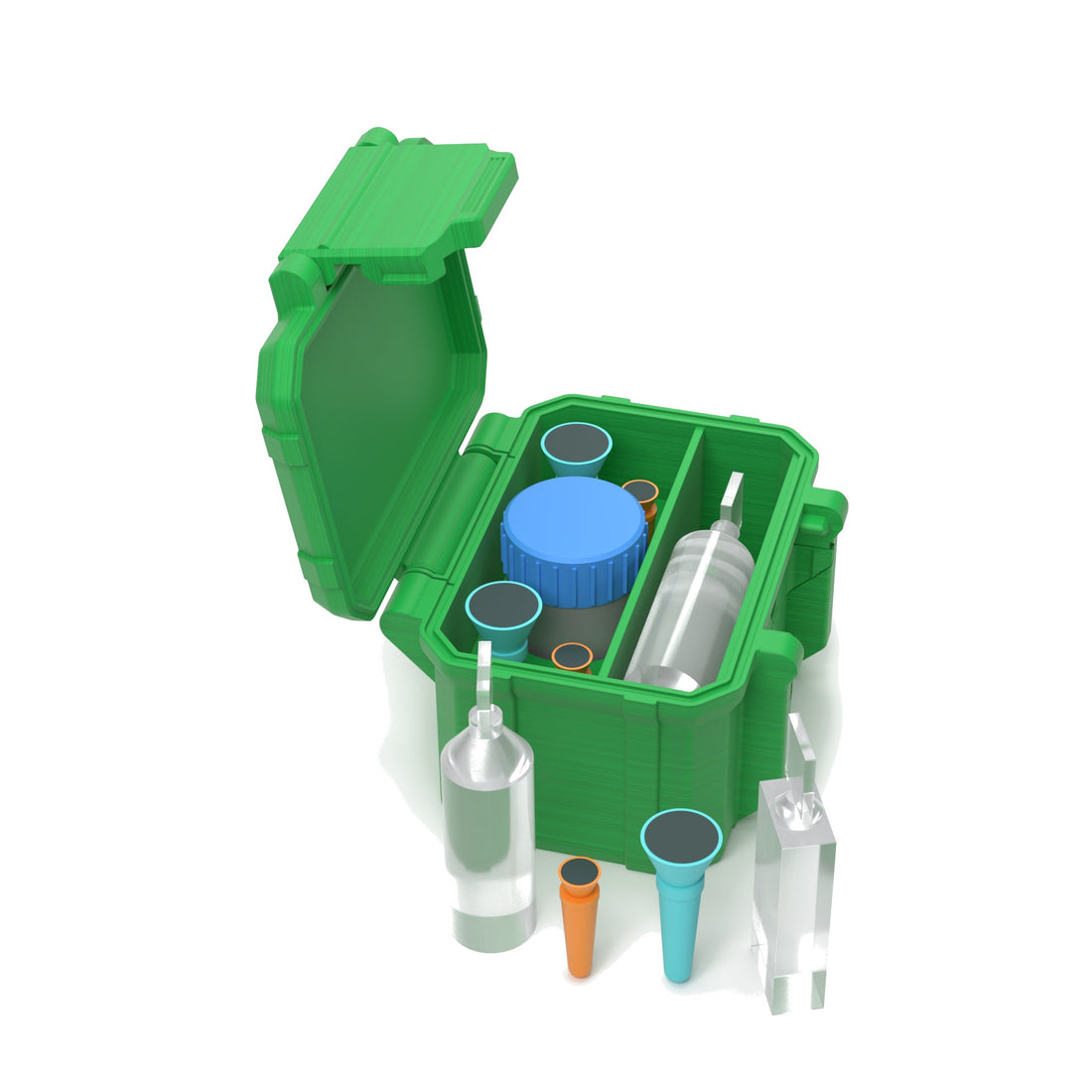 Staged: Scleral Tool Organizer - 1 Pack in Cyber Green - lens cup, plungers, saline vials and bottles shown are not included