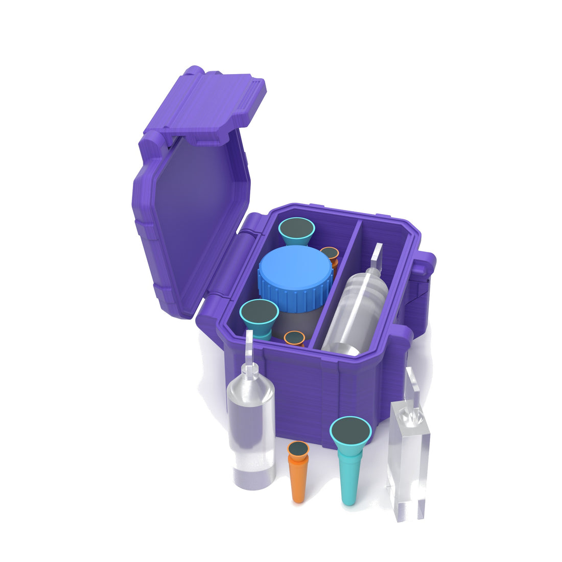Staged: Scleral Tool Organizer - 1 Pack in Purple - lens cup, plungers, saline vials and bottles shown are not included