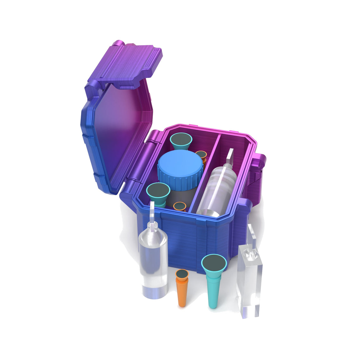Staged: Scleral Tool Organizer - 1 Pack in RGB Metallic - lens cup, plungers, saline vials and bottles shown are not included