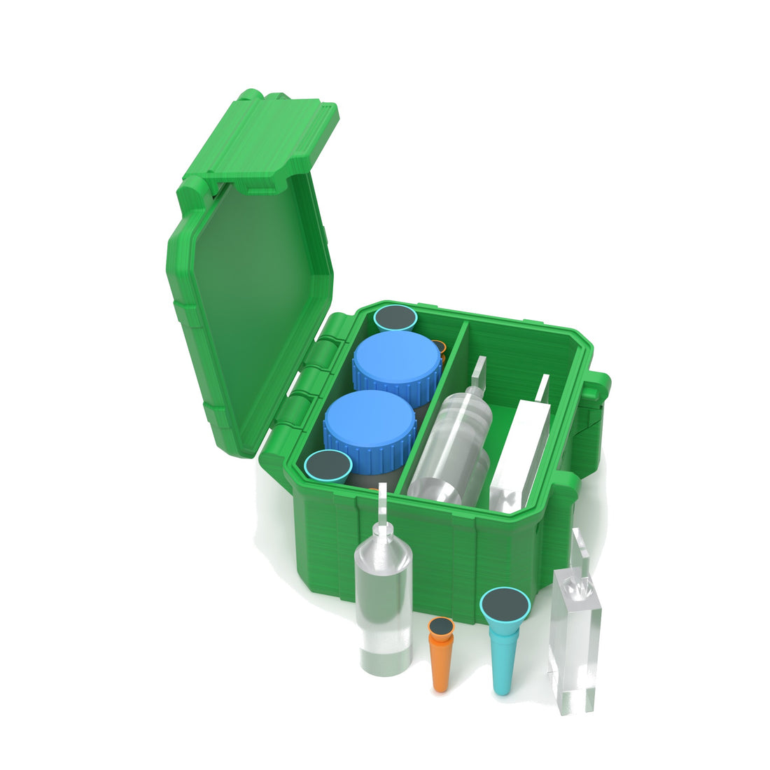 Staged: Scleral Travel Case - Double Cup in Cyber Green - lens cup, plungers, saline vials and bottles shown are not included