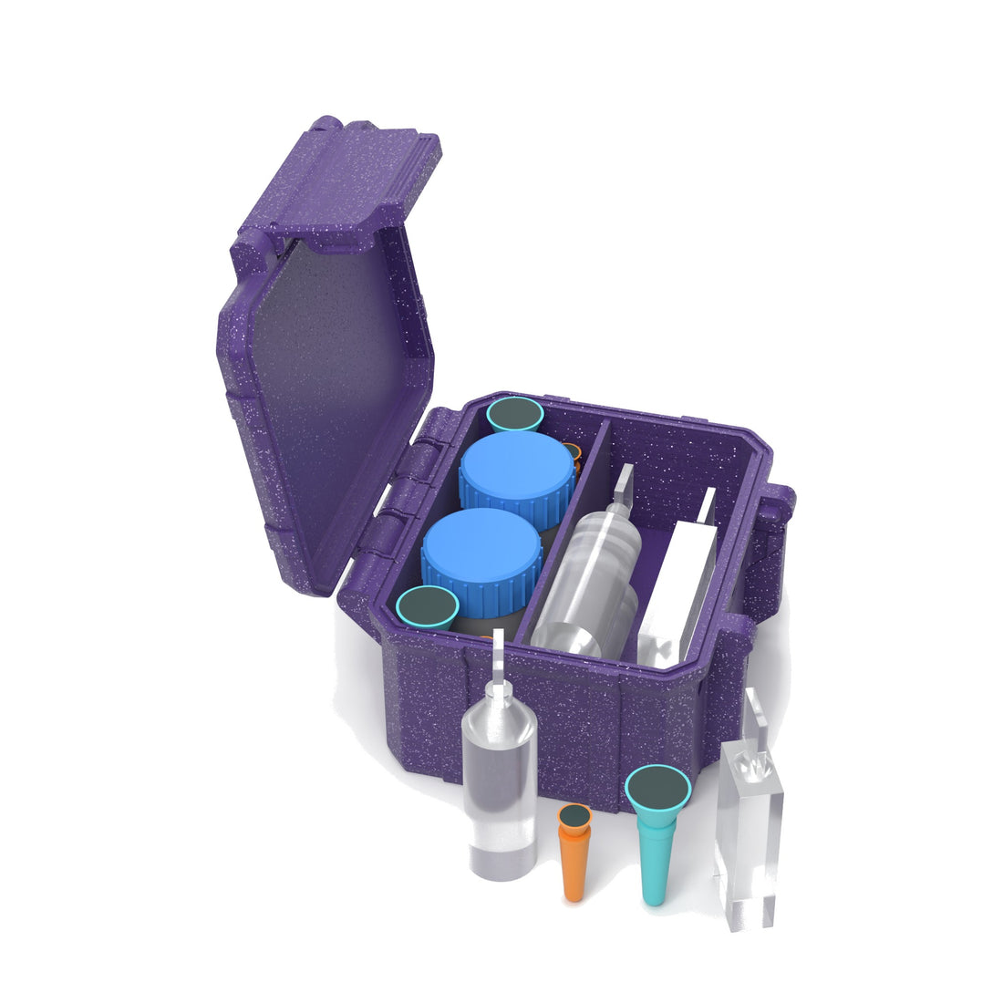 Staged: Scleral Travel Case - Double Cup in Galaxy Purple - lens cup, plungers, saline vials and bottles shown are not included