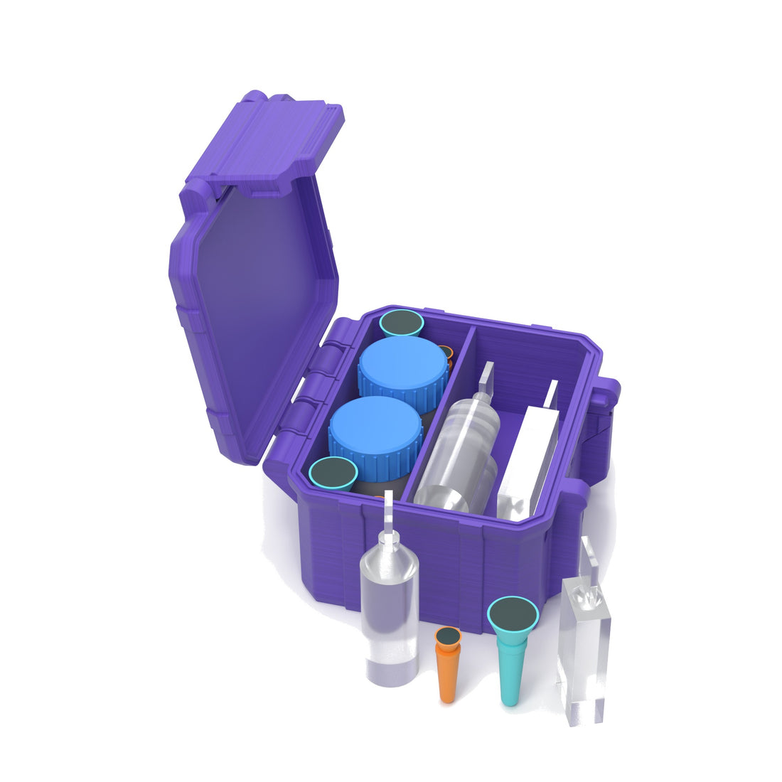 Staged: Scleral Travel Case - Double Cup in Purple - lens cup, plungers, saline vials and bottles shown are not included