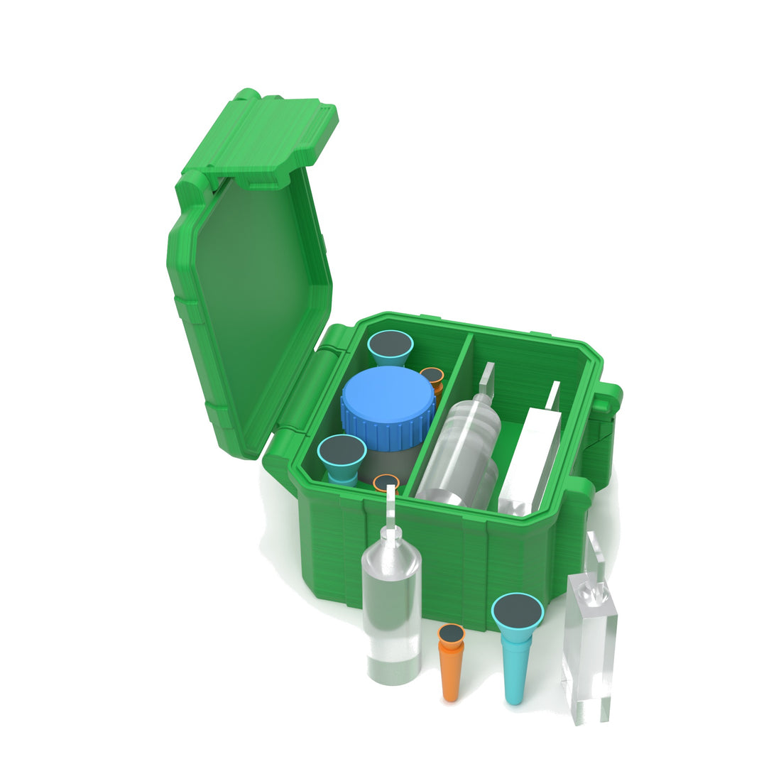 Staged: Scleral Travel Case - Standard in Cyber Green - lens cup, plungers, saline vials and bottles shown are not included