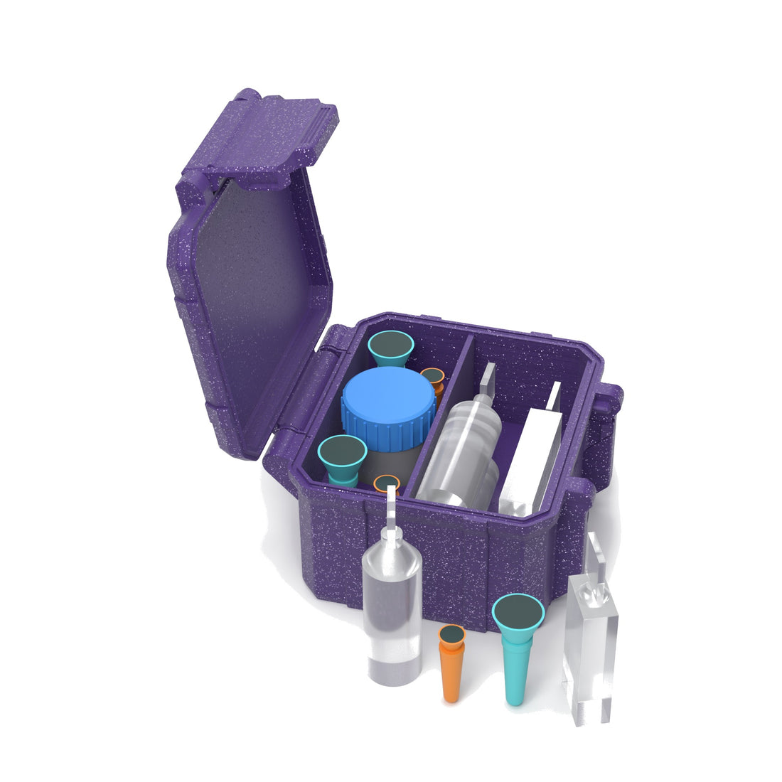 Staged: Scleral Travel Case - Standard in Galaxy Purple - lens cup, plungers, saline vials and bottles shown are not included