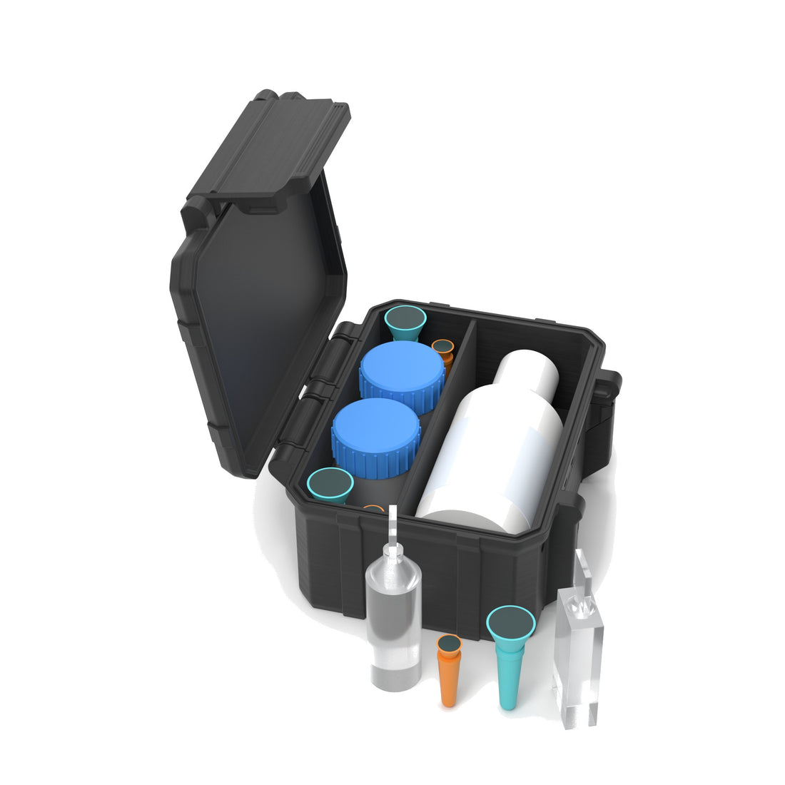 Staged: Scleral Travel Case - XL in Black - lens cup, plungers, saline vials and bottles shown are not included