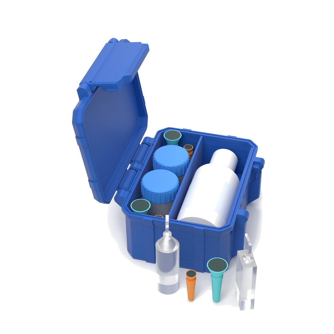 Staged: Scleral Travel Case - XL in Cobalt Blue - lens cup, plungers, saline vials and bottles shown are not included