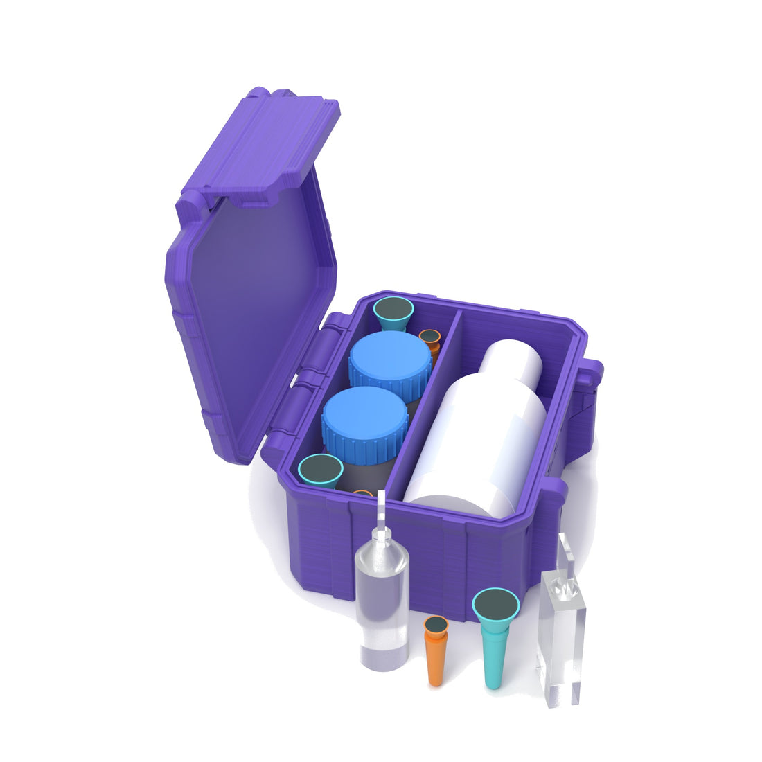 Staged: Scleral Travel Case - XL in Purple - lens cup, plungers, saline vials and bottles shown are not included