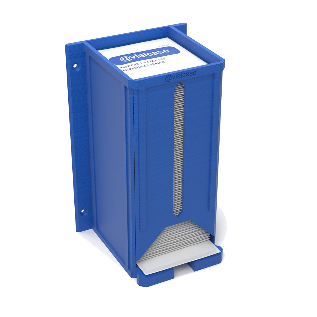 Staged: VialCase Prep Pad Dispenser Wall 100 Large Pads in Cobalt Blue - prep pads shown are not included