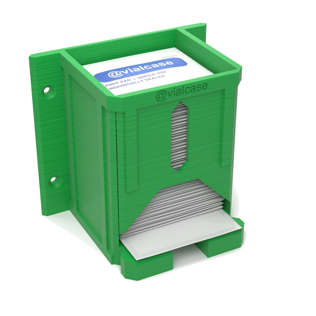 Staged: VialCase Prep Pad Dispenser Wall 50 Pads in Cyber Green - prep pads shown are not included