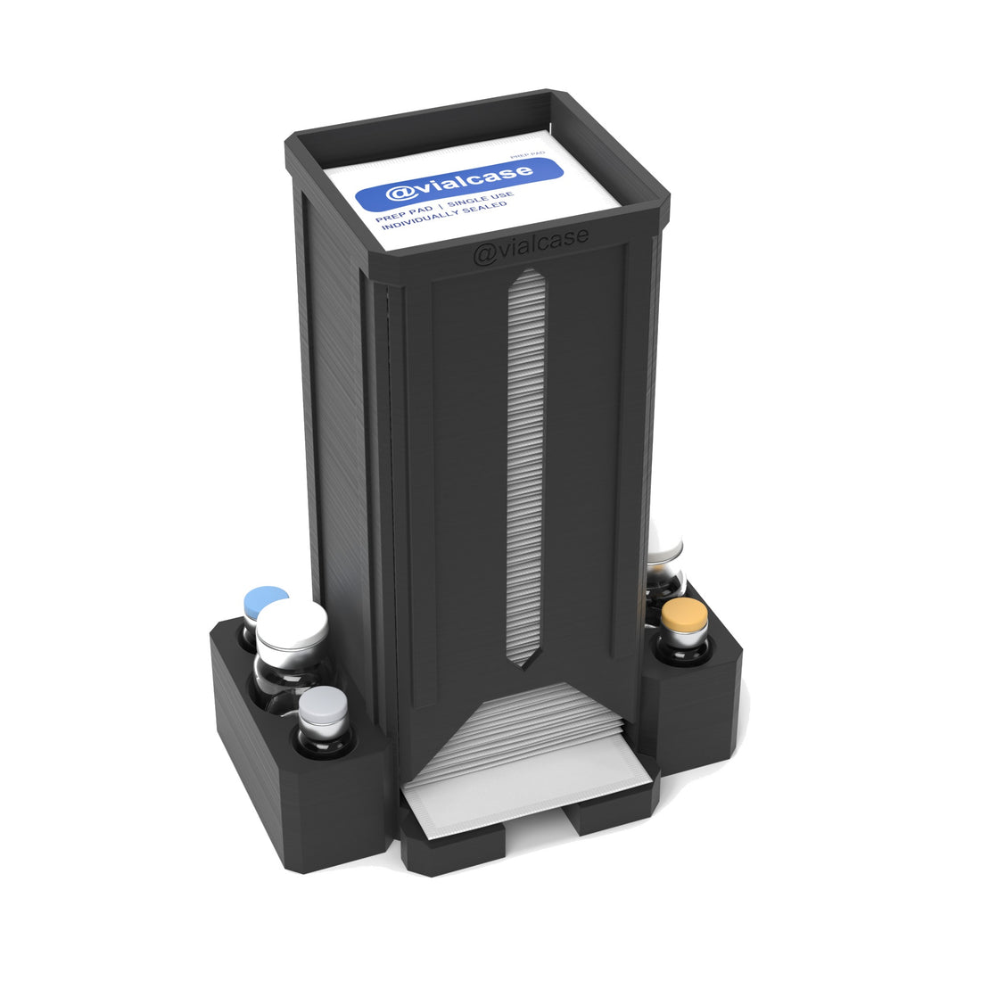 Staged: VialCase Prep Pad Dispenser 100 Pads + 2 × 10mL + 4 × 3mL in Black - prep pads and vials shown are not included