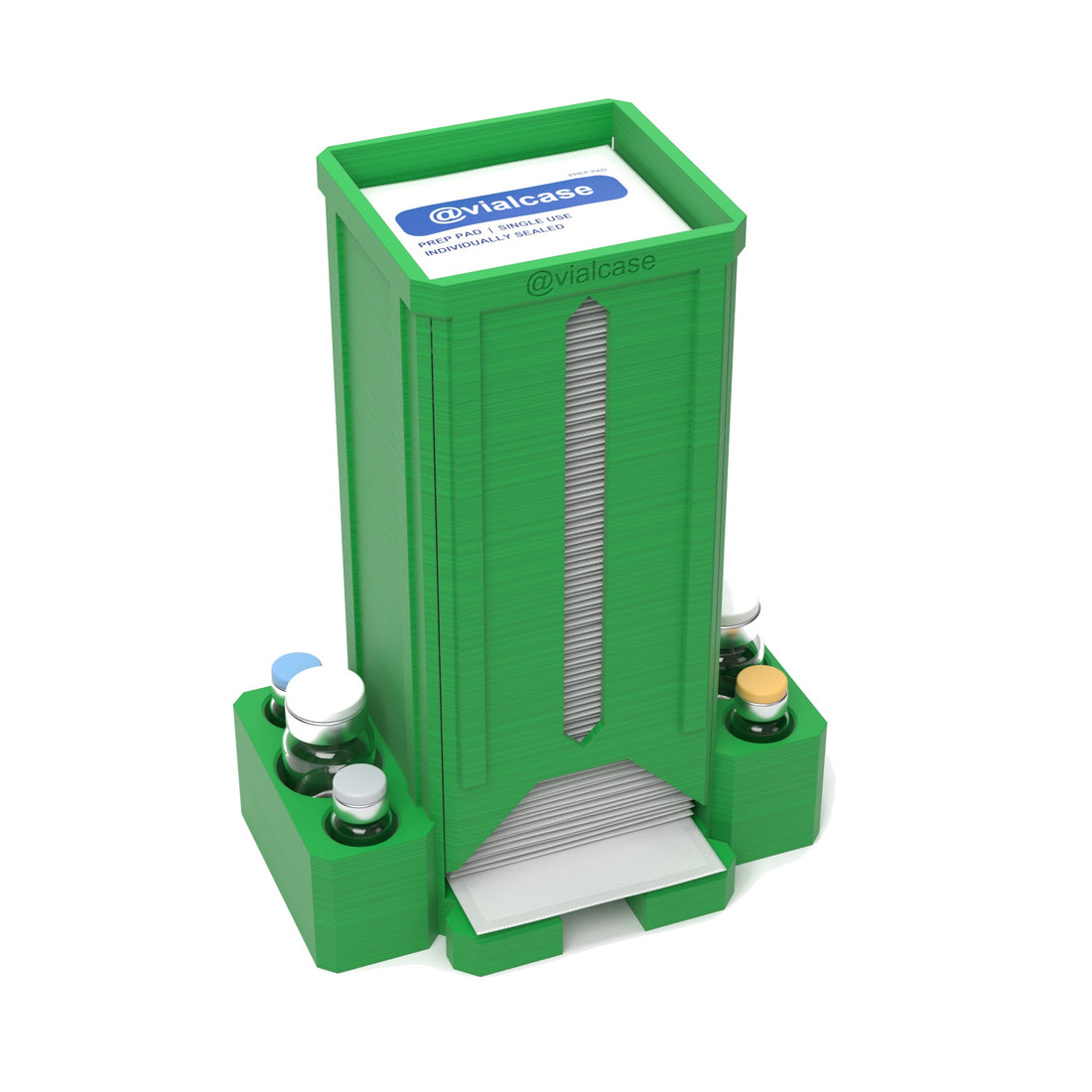 Staged: VialCase Prep Pad Dispenser 100 Pads + 2 × 10mL + 4 × 3mL in Cyber Green - prep pads and vials shown are not included