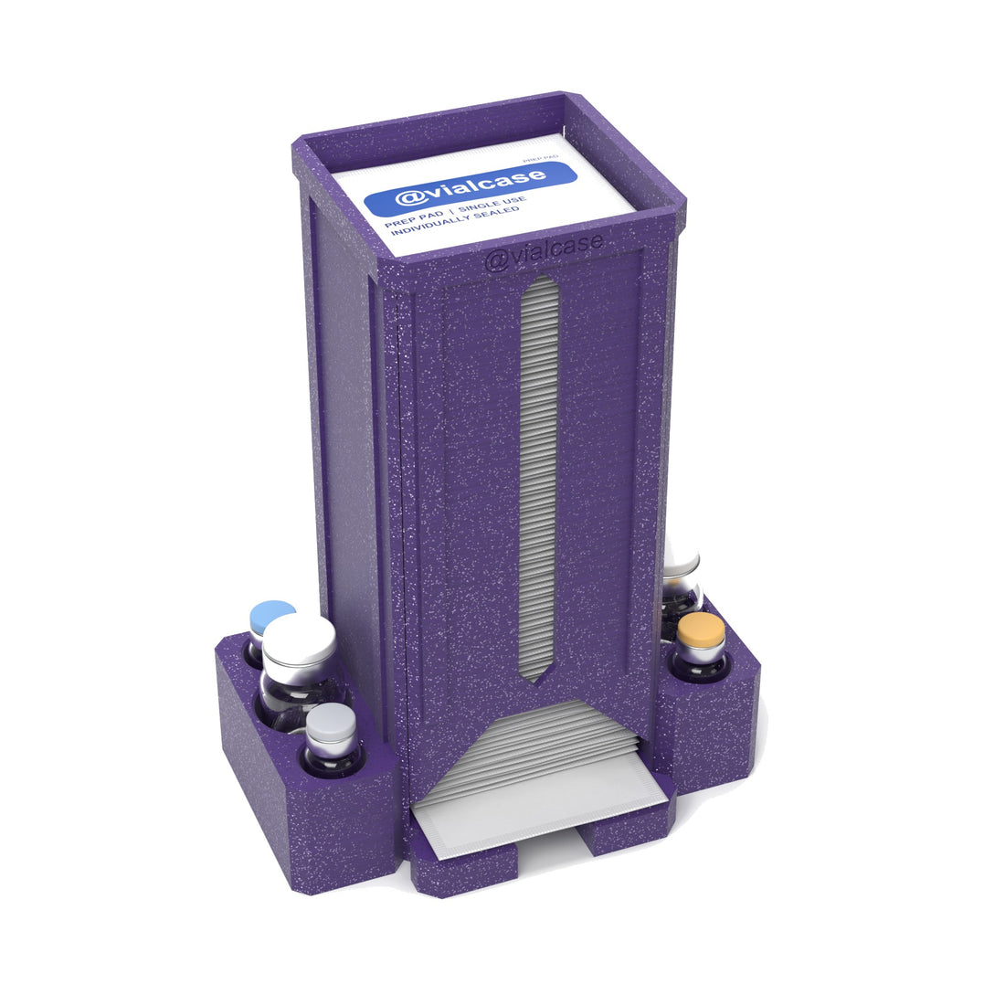 Staged: VialCase Prep Pad Dispenser 100 Pads + 2 × 10mL + 4 × 3mL in Galaxy Purple - prep pads and vials shown are not included