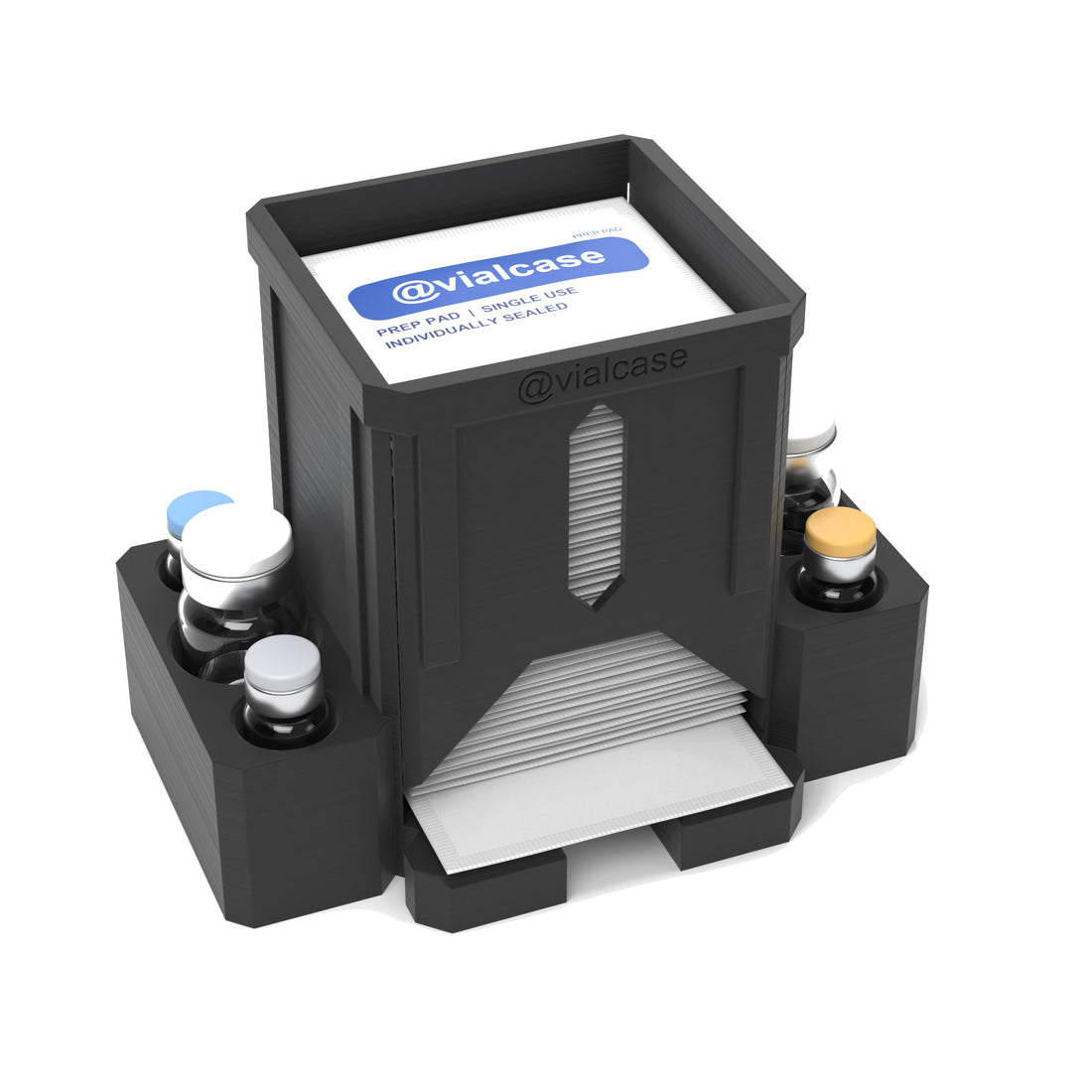 Staged: VialCase Prep Pad Dispenser 50 Pads + 2 × 10mL + 4 × 3mL in Black - prep pads and vials shown are not included