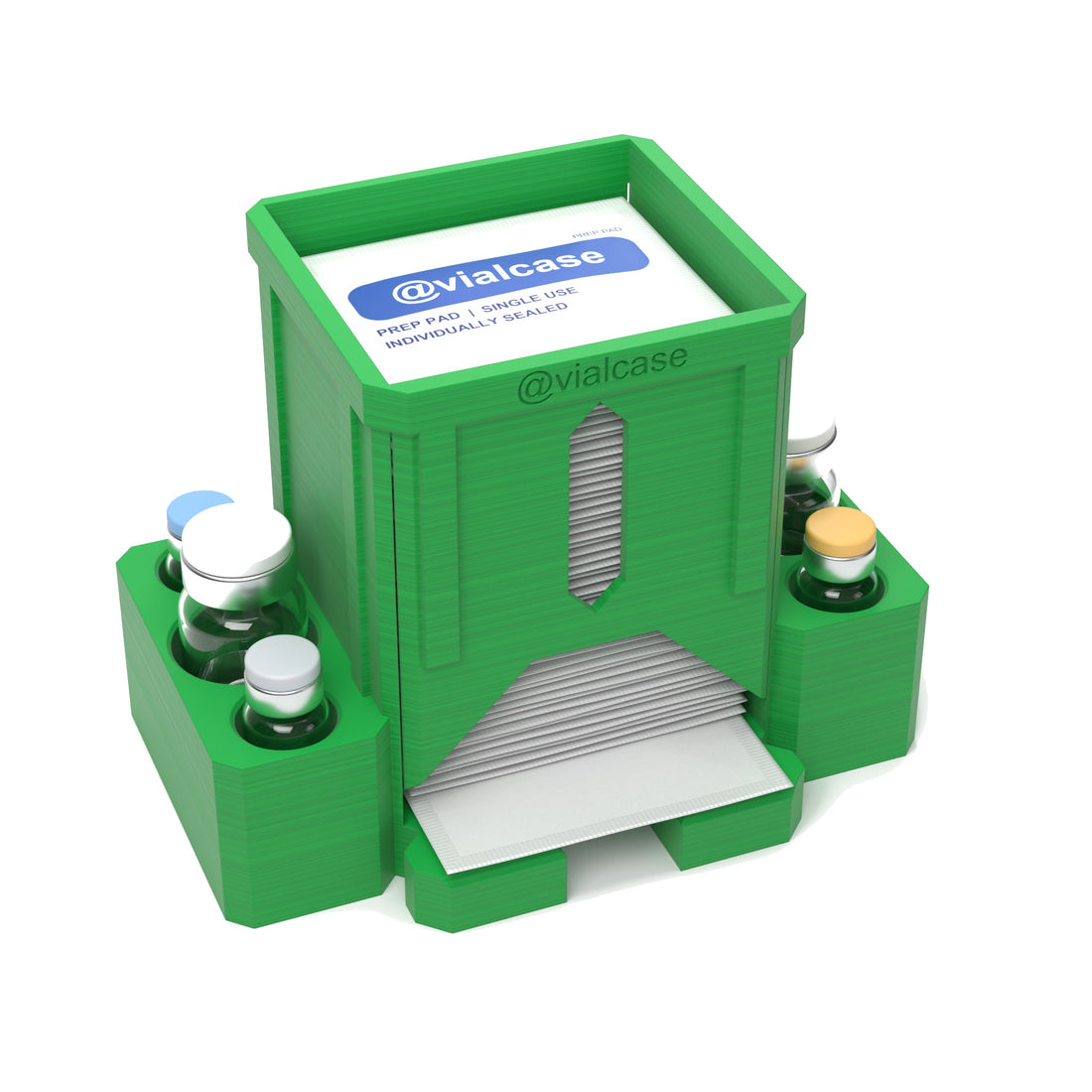 Staged: VialCase Prep Pad Dispenser 50 Pads + 2 × 10mL + 4 × 3mL in Cyber Green - prep pads and vials shown are not included