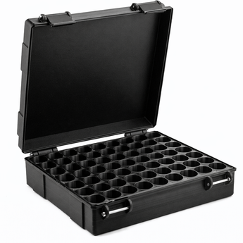 Open black hard-shell vial storage case showing 64-slot grid layout for 10 mL vials