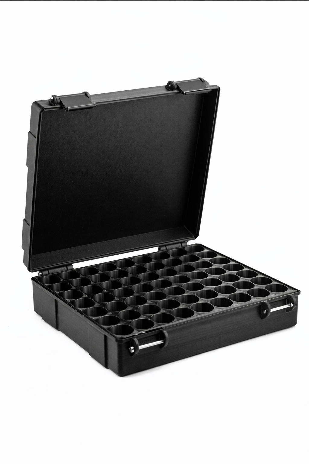 Open black hard-shell vial storage case showing 64-slot grid layout for 10 mL vials