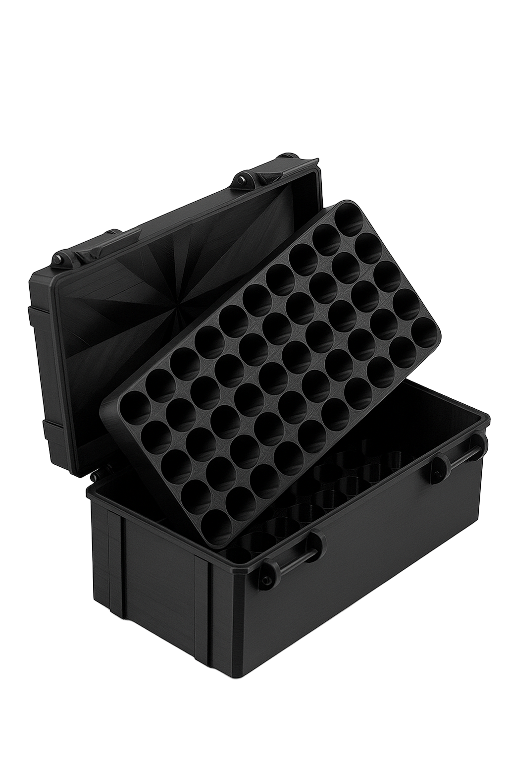 Black vial storage case with multiple compartments on a white background