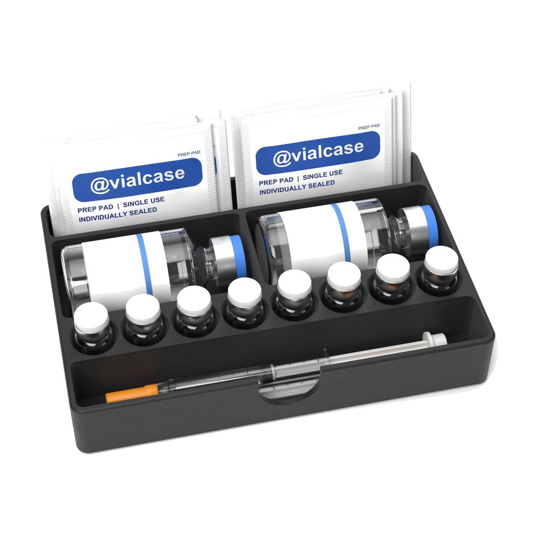 Staged: VialCase Fridge Tray BAC in Black - BAC water bottles, vials, syringes and prep pads shown are not included