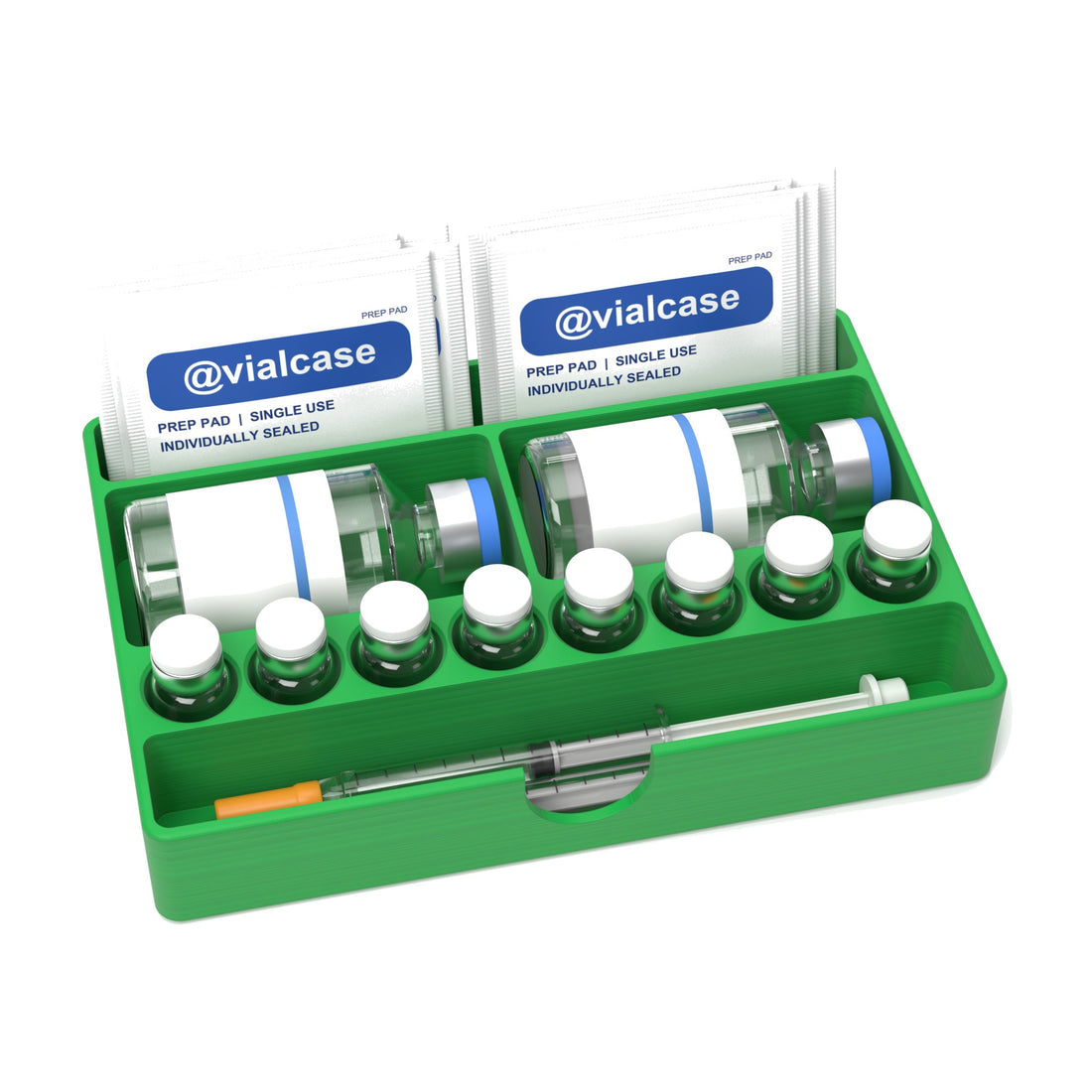 Staged: VialCase Fridge Tray BAC in Cyber Green - BAC water bottles, vials, syringes and prep pads shown are not included