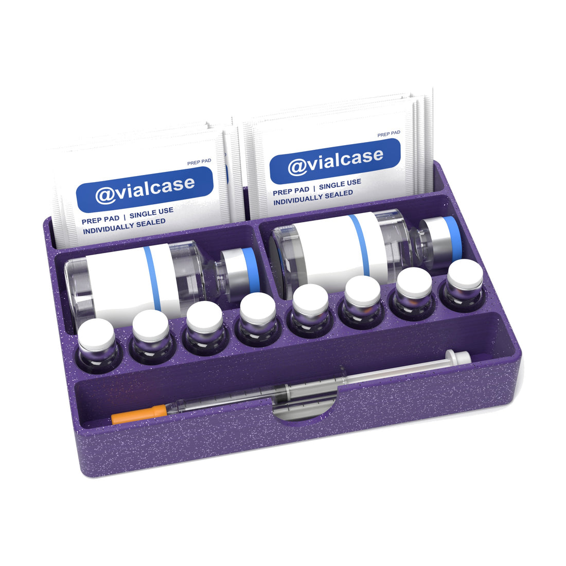 Staged: VialCase Fridge Tray BAC in Galaxy Purple - BAC water bottles, vials, syringes and prep pads shown are not included