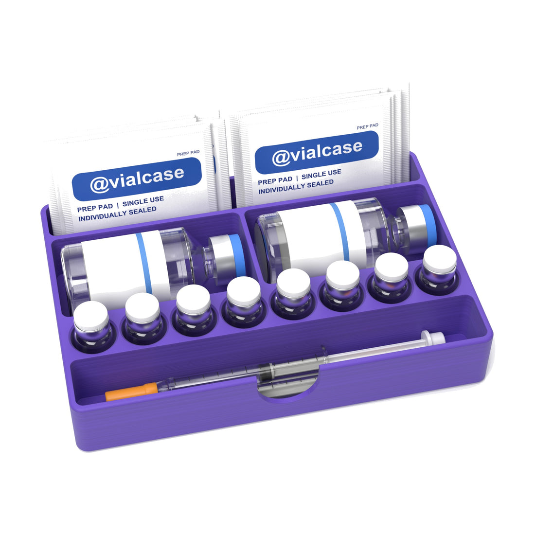Staged: VialCase Fridge Tray BAC in Purple - BAC water bottles, vials, syringes and prep pads shown are not included