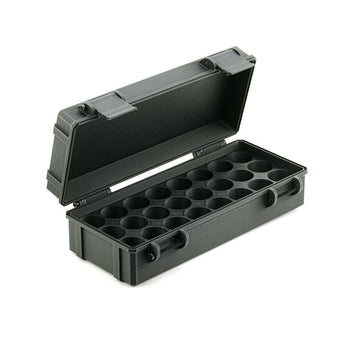 Open black plastic container with multiple interior compartments on a white background