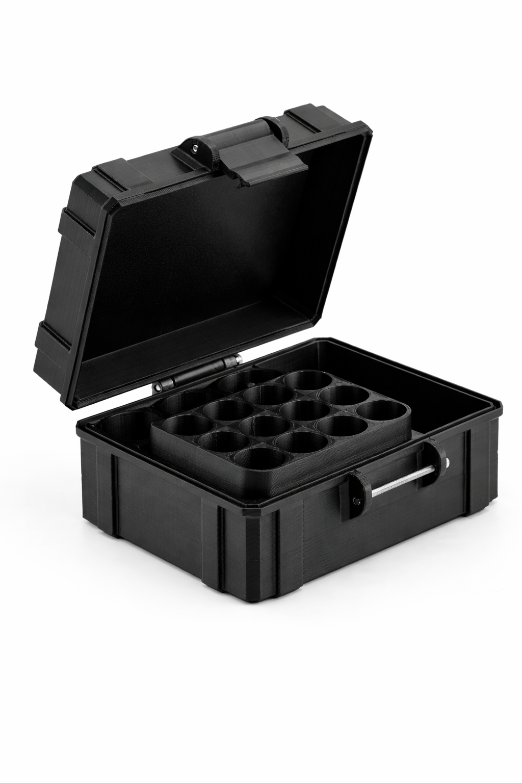 Black plastic case with compartments on a white background