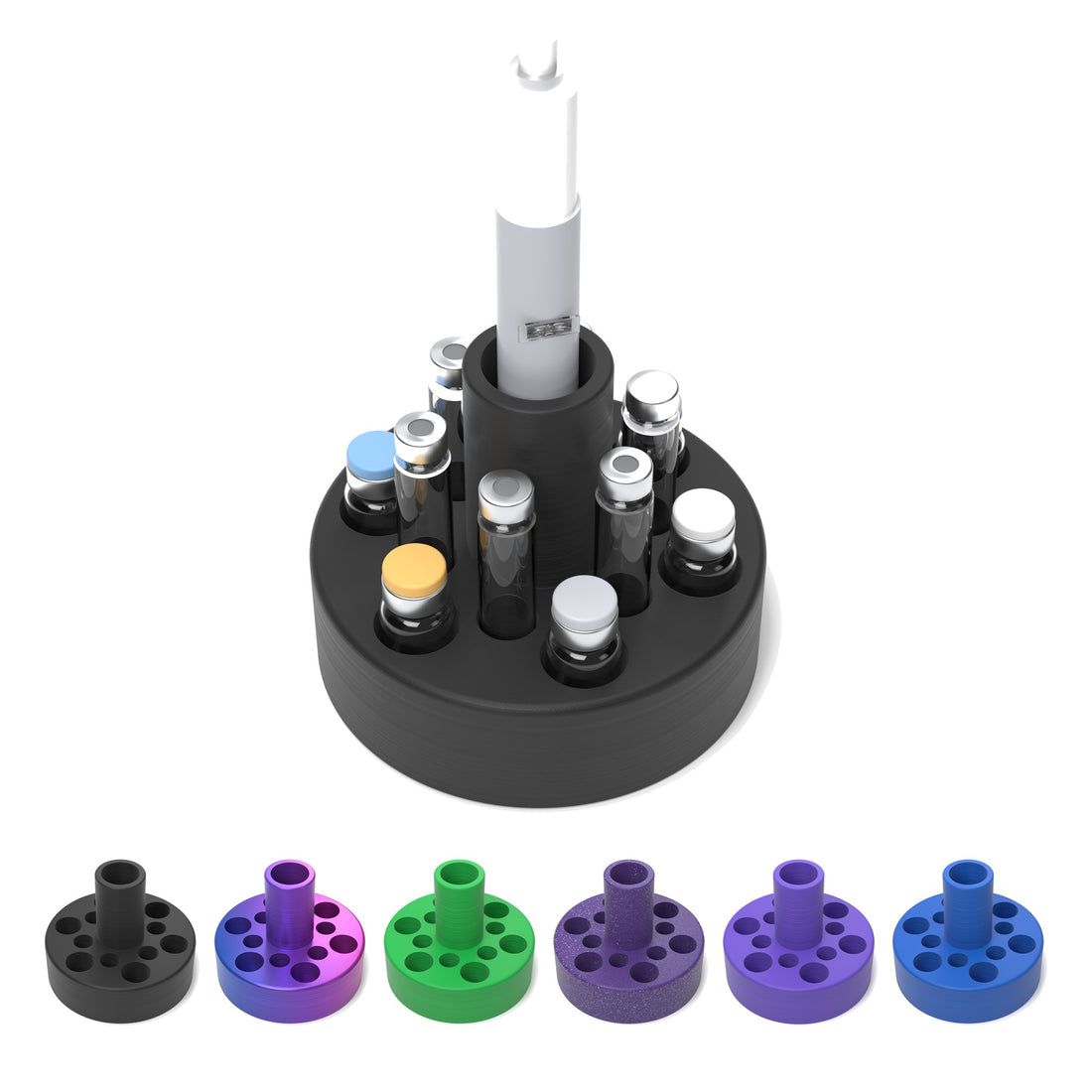 Staged: Cartridge Station 6 Cartridges in Black, with the 6 colours below - pen, cartridges and vials shown are not included