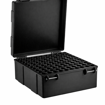 Open black hard-shell vial storage case with grid layout holds 300 three-milliliter vials.