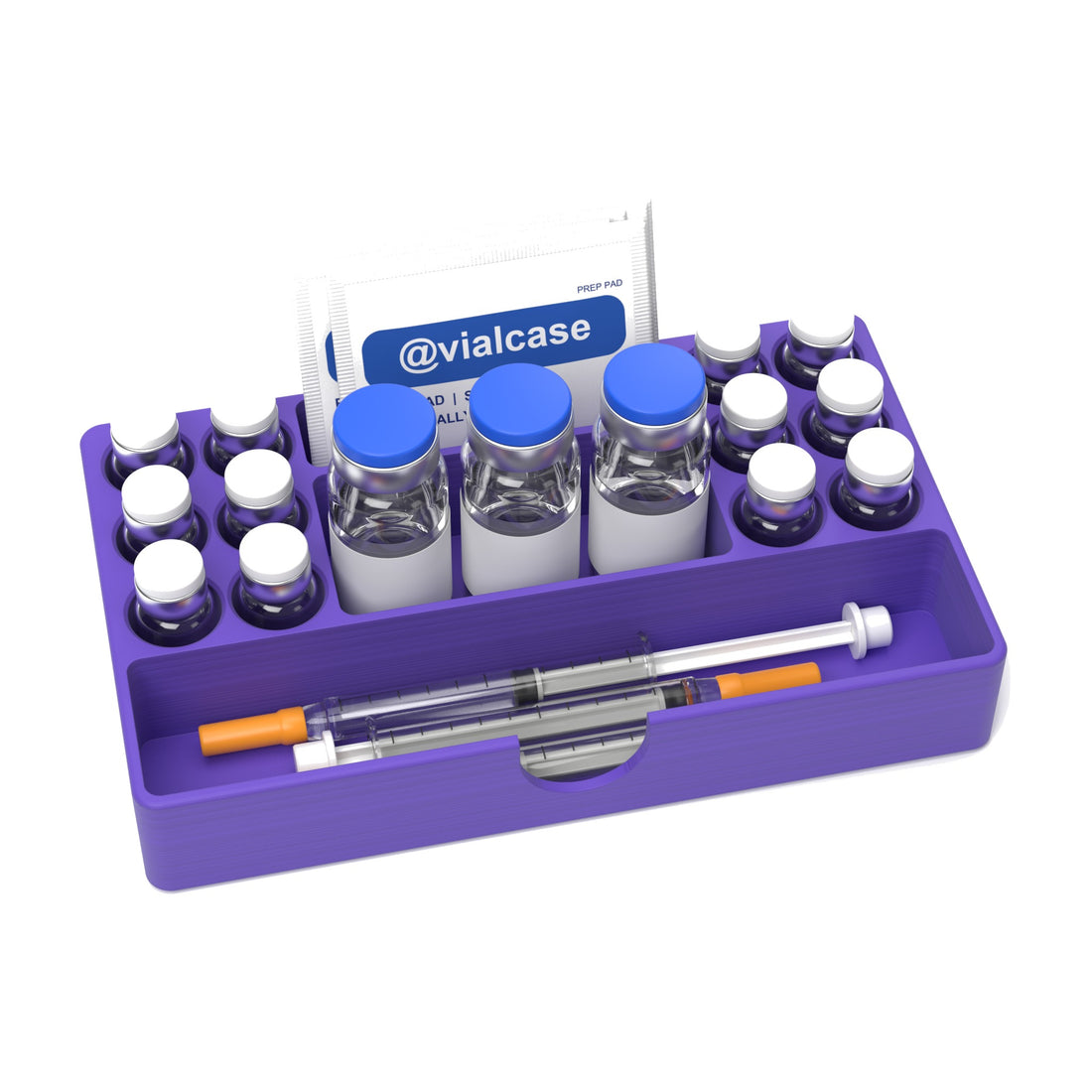 Staged: VialCase Fridge Tray AIO Large 12 x 3 mL in Purple - vials, BAC water vials, syringes and prep pads shown are not included