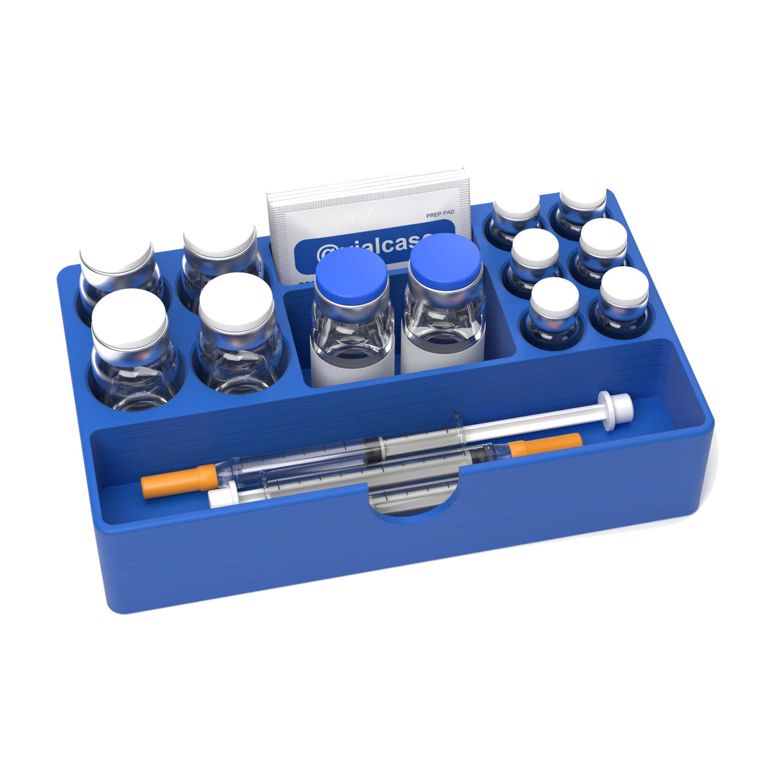 Staged: VialCase Fridge Tray AIO Large Mixed in Cobalt Blue - vials, BAC water vials, syringes and prep pads shown are not included
