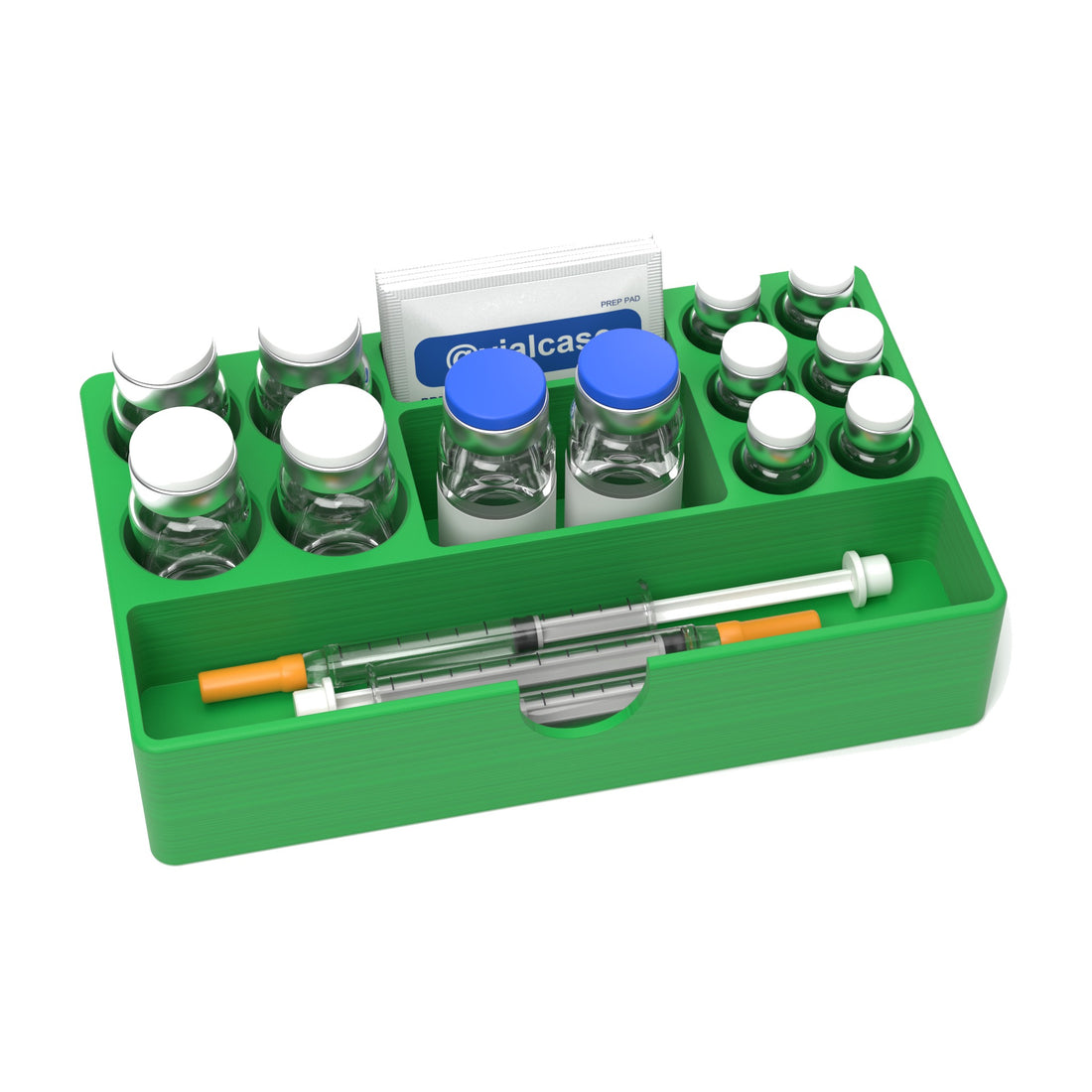 Staged: VialCase Fridge Tray AIO Large Mixed in Cyber Green - vials, BAC water vials, syringes and prep pads shown are not included