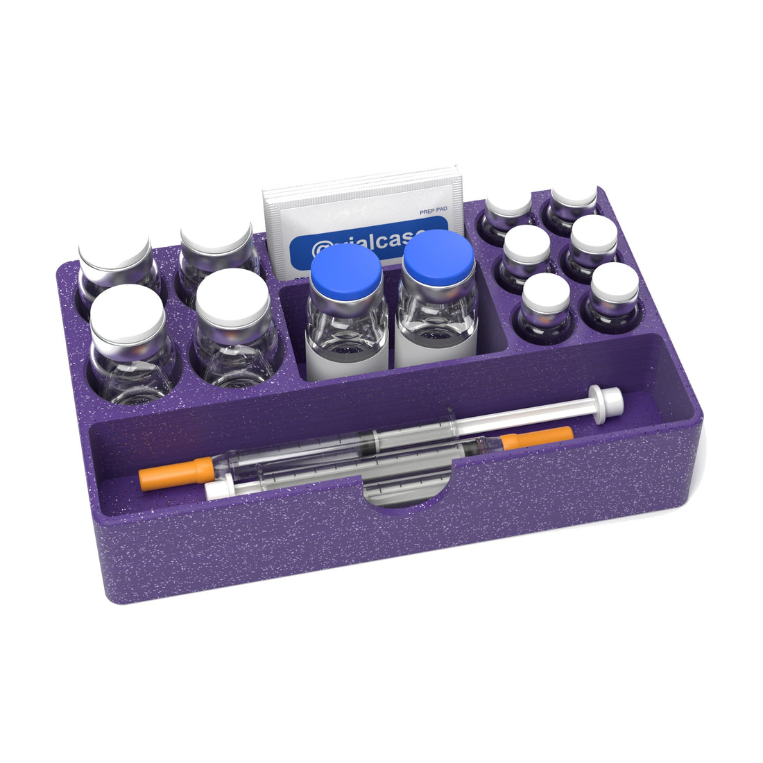 Staged: VialCase Fridge Tray AIO Large Mixed in Galaxy Purple - vials, BAC water vials, syringes and prep pads shown are not included