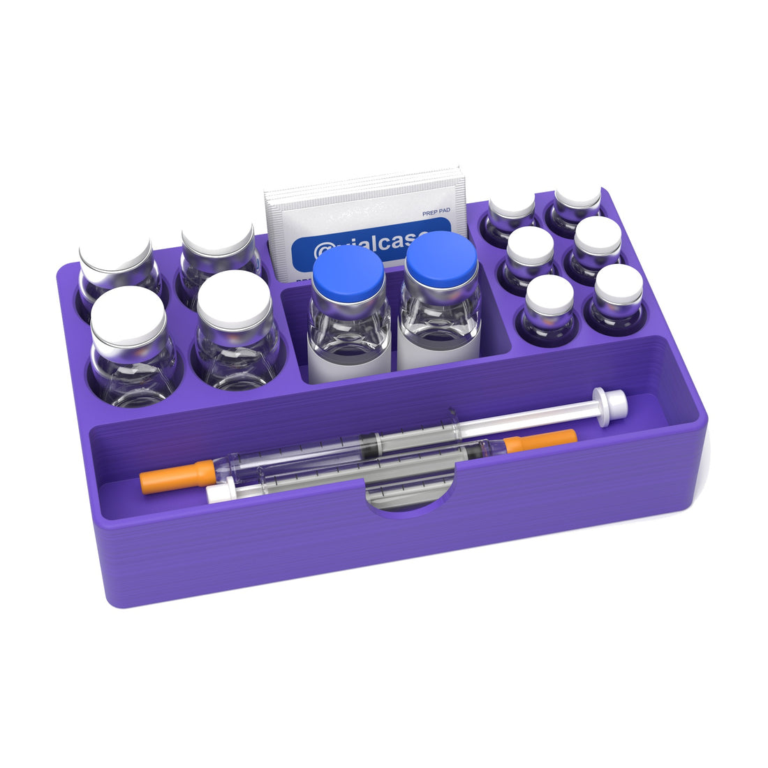 Staged: VialCase Fridge Tray AIO Large Mixed in Purple - vials, BAC water vials, syringes and prep pads shown are not included