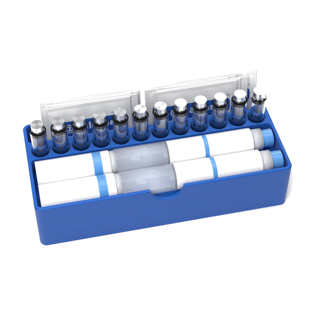 Staged: VialCase Fridge Tray Pens in Cobalt Blue - pens, cartridges and prep pads shown are not included